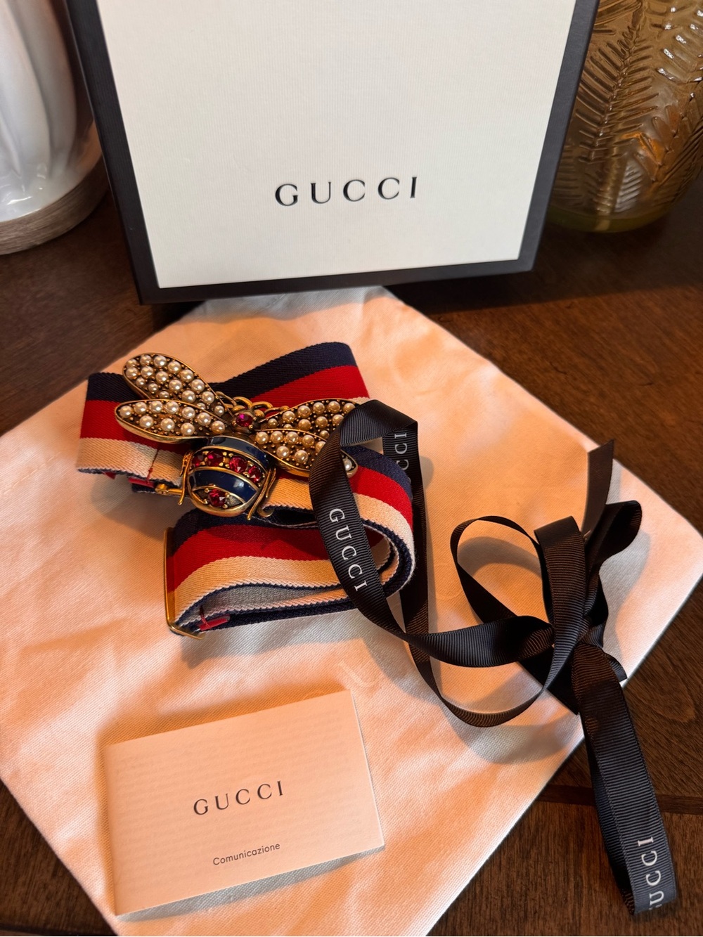 Gucci Pearl Bee Buckle Belt in Blue, Red & White
